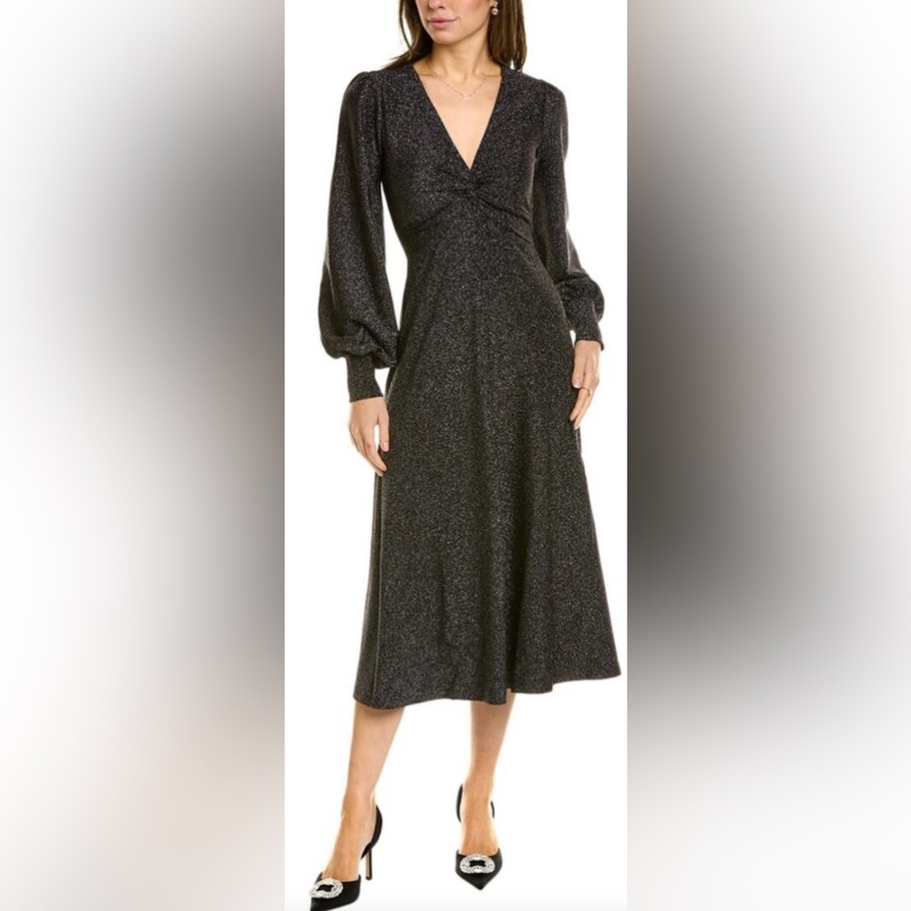 Boden Black A-Line Dress with Bishop Sleeves Metallic Jersey Cocktail Size 6